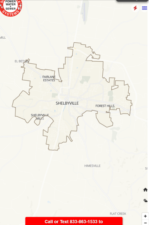 A screenshot of HomeTown Grid, the power outage map for the Shelbyville Power and Water System